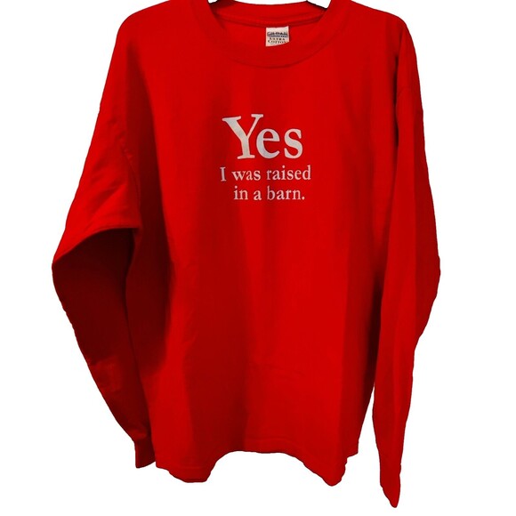Long Sleeve T-Shirt-Red-XL-Yes, I Raised In A Barn. Printed on It-Gildan - Picture 1 of 8